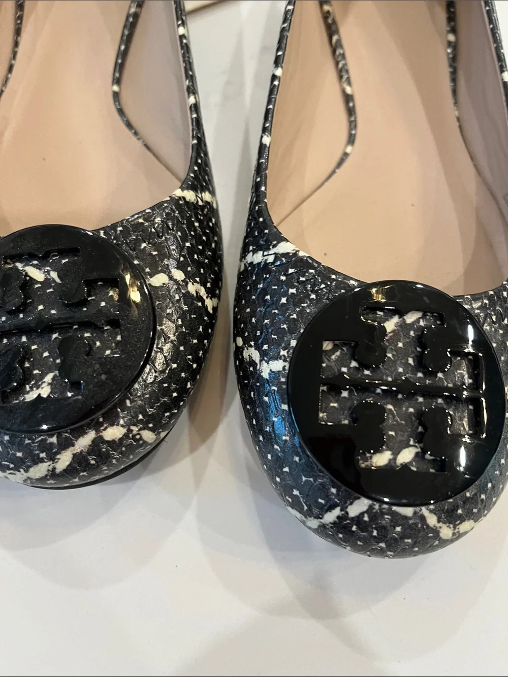 Tory Burch Black and White Splatter Logo Ballet Flats